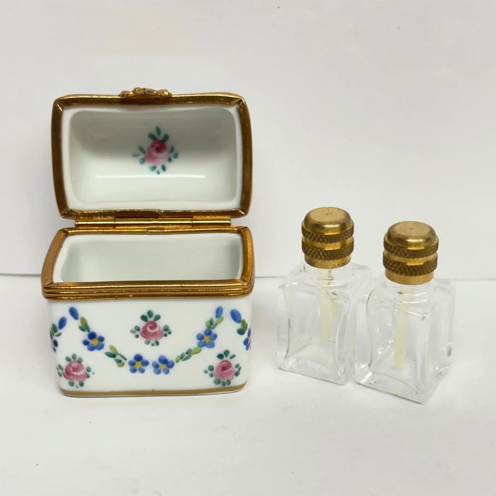 Vintage Limoges Trinket Box Two Glass Bottles Hand Painted Floral Porcelain